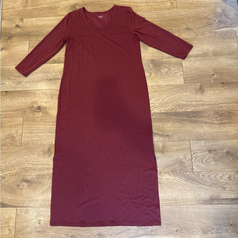 Garnet Hill Scoop Neck Soft Knit Midi Sheath Dress Size Small Burgundy